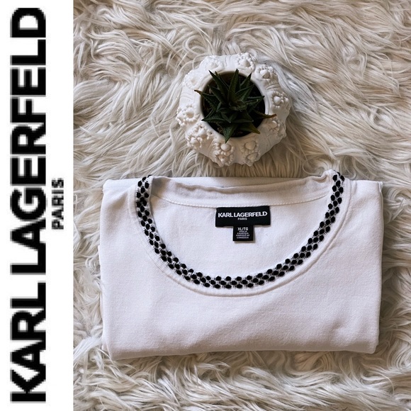 KARL LAGERFELD PARIS white knit t-shirt with black neck trim, XL - Picture 14 of 16
